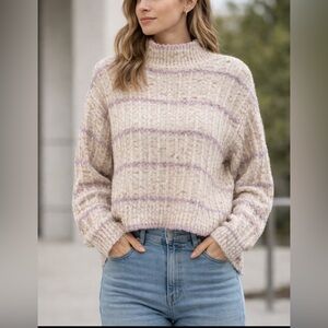 Ophelia Roe Ribbed Knit Sweater Medium Neutral Striped Mock Neck GUC